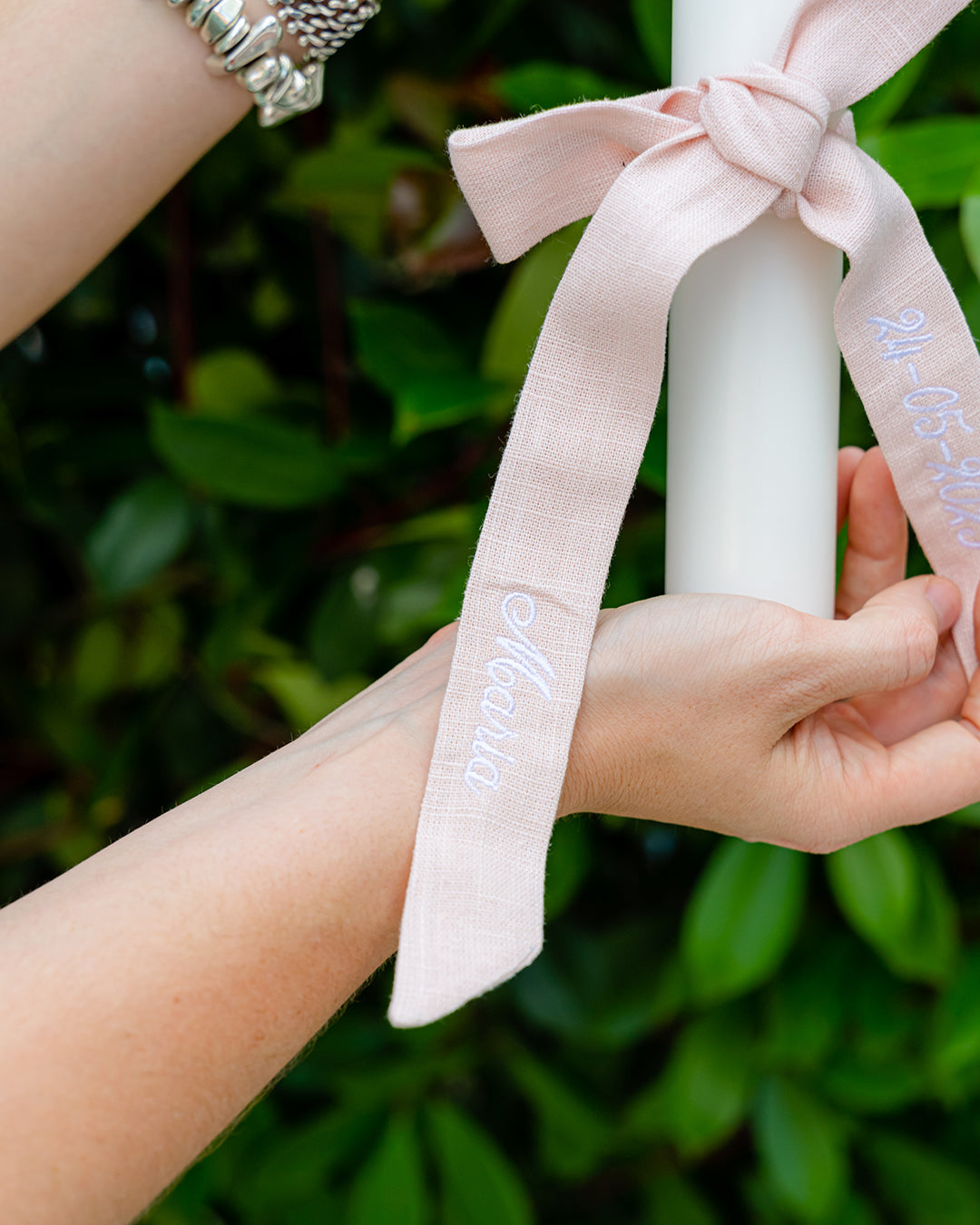 Personalised White Christening Candle with Pink Ribbon