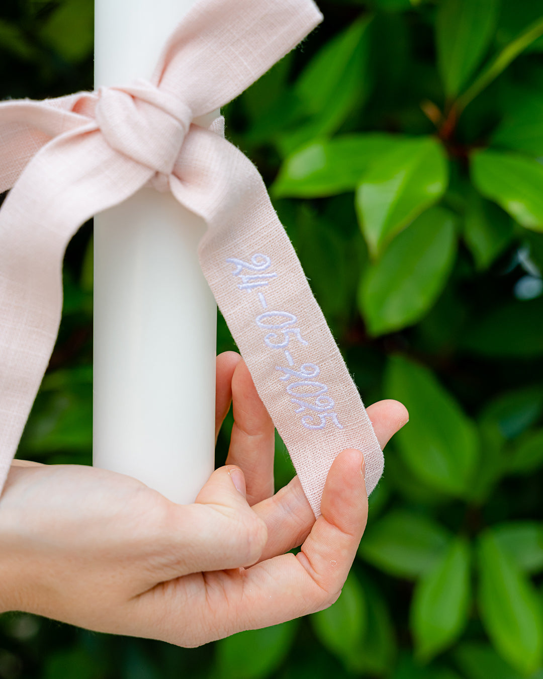 Personalised White Christening Candle with Pink Ribbon