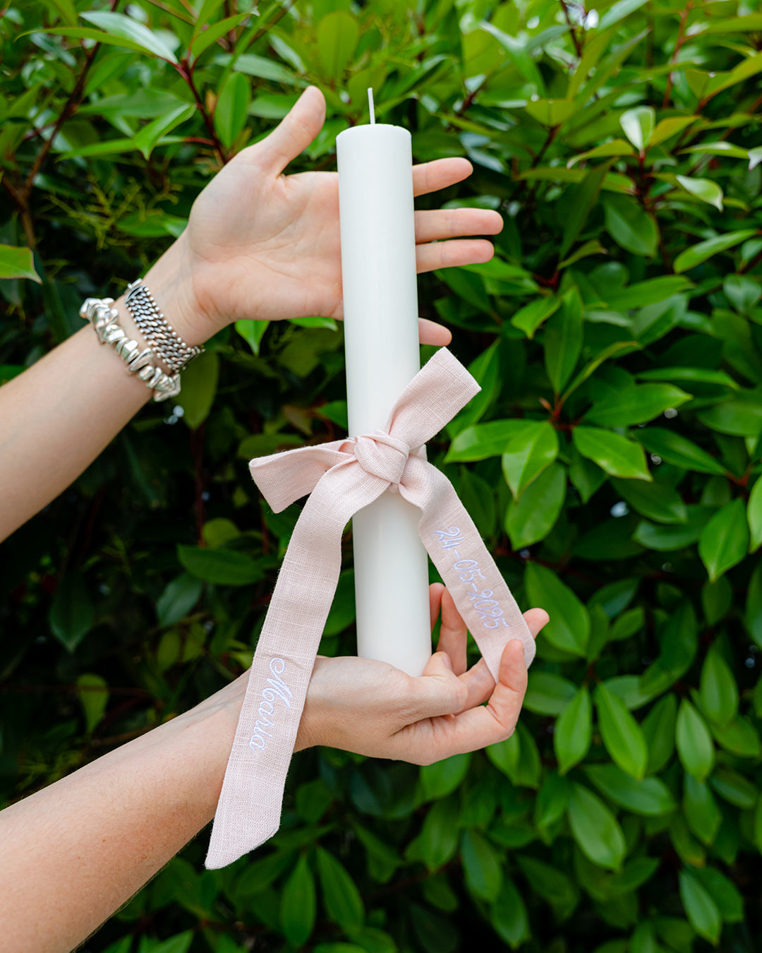 Christening Set with Embroidered Linen Towel and Pink Ribbon