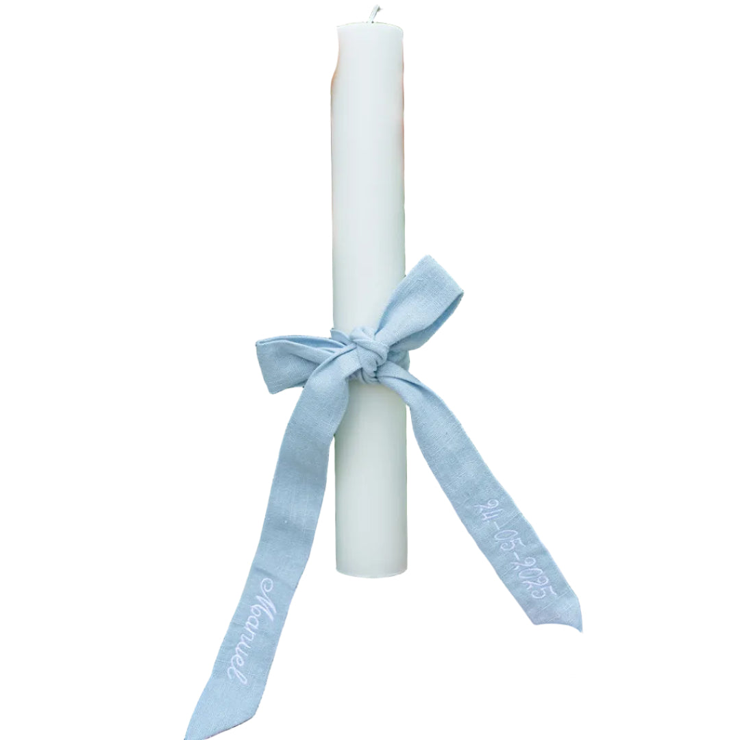 Personalised White Christening Candle with Blue Ribbon
