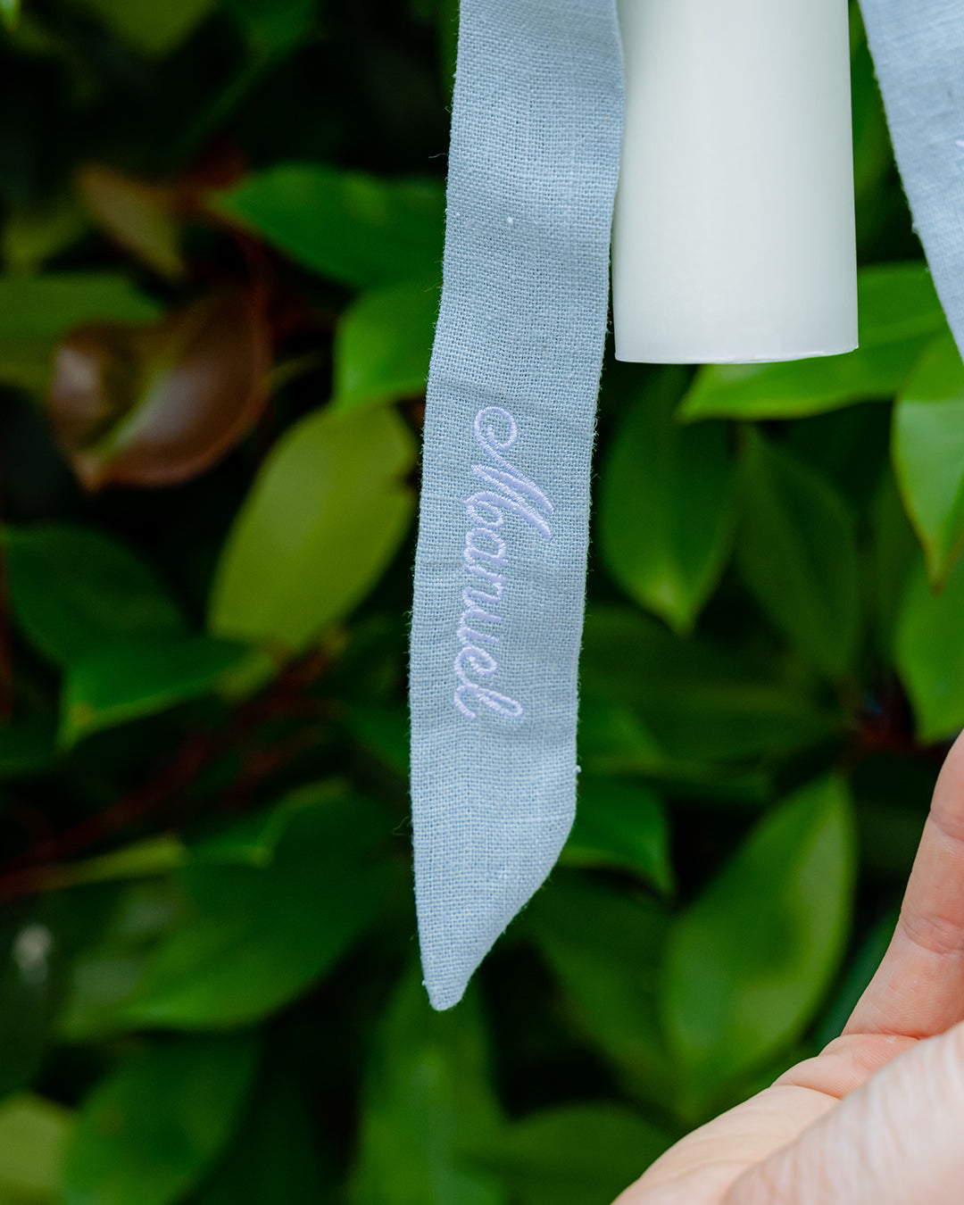 Personalised White Christening Candle with Blue Ribbon