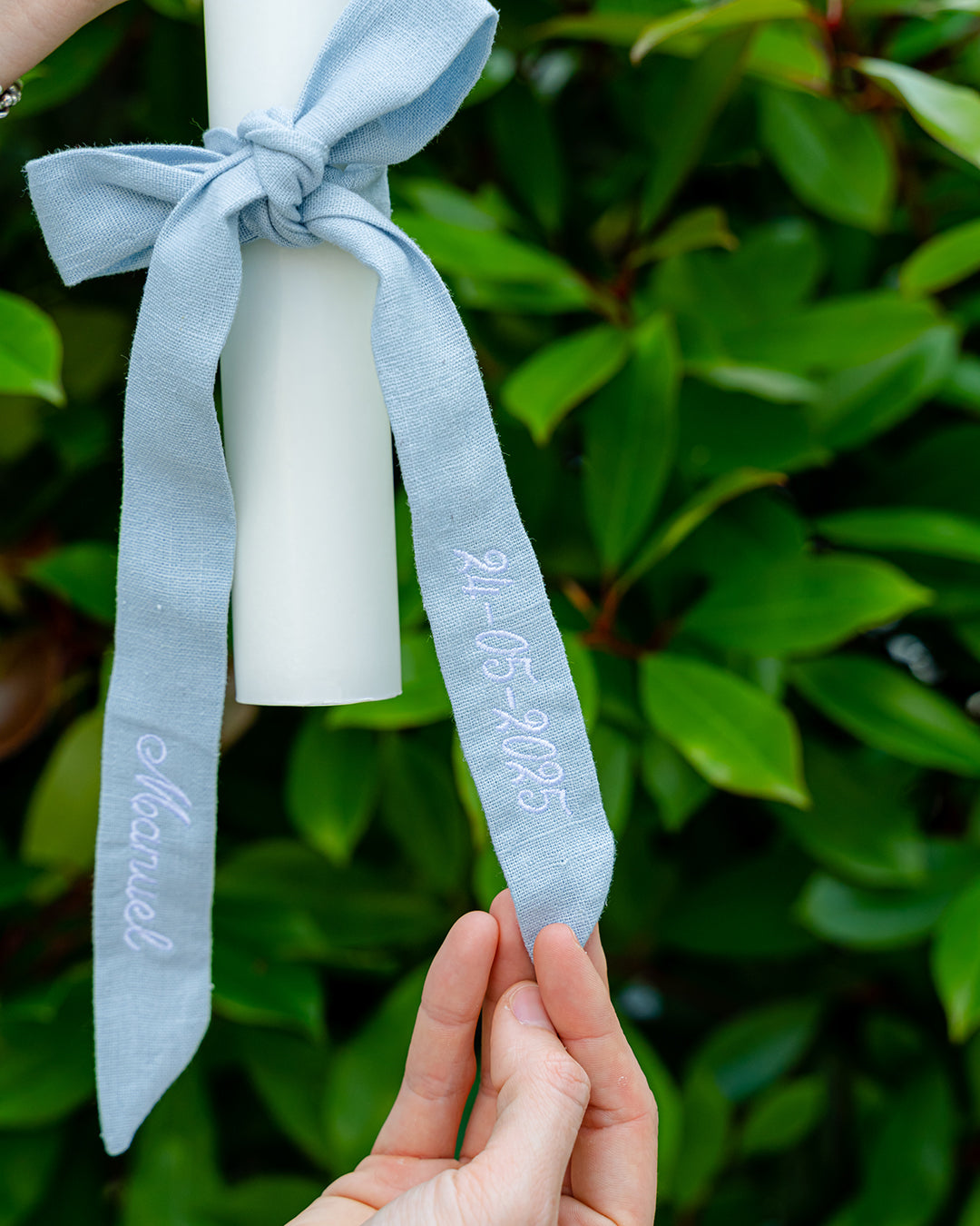 Personalised White Christening Candle with Blue Ribbon