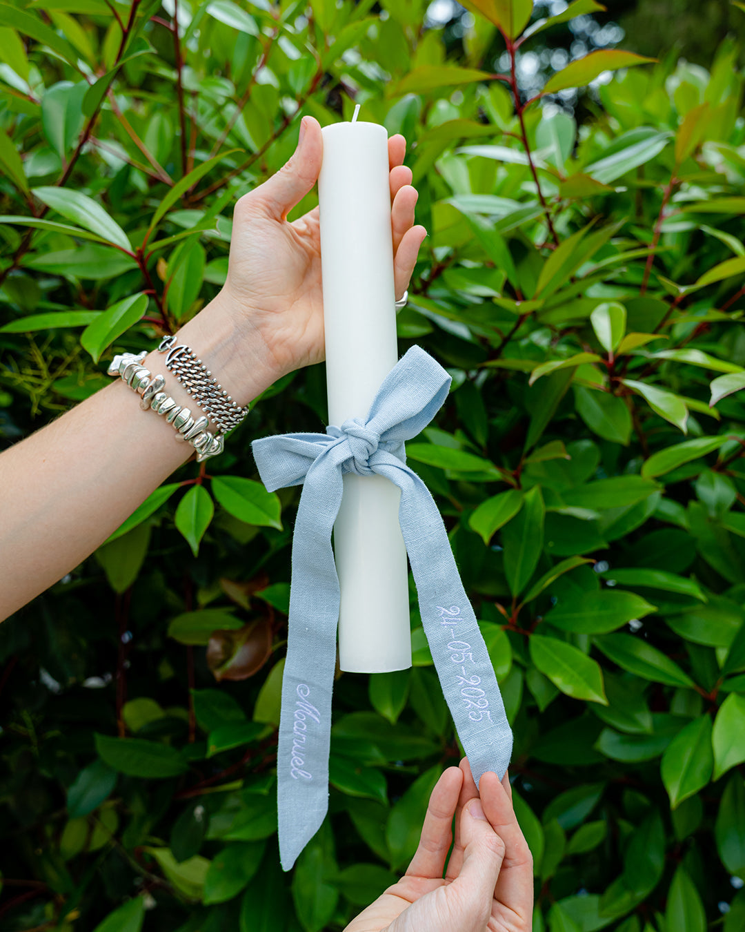 Christening Set with Embroidered Linen Towel and Blue Ribbon