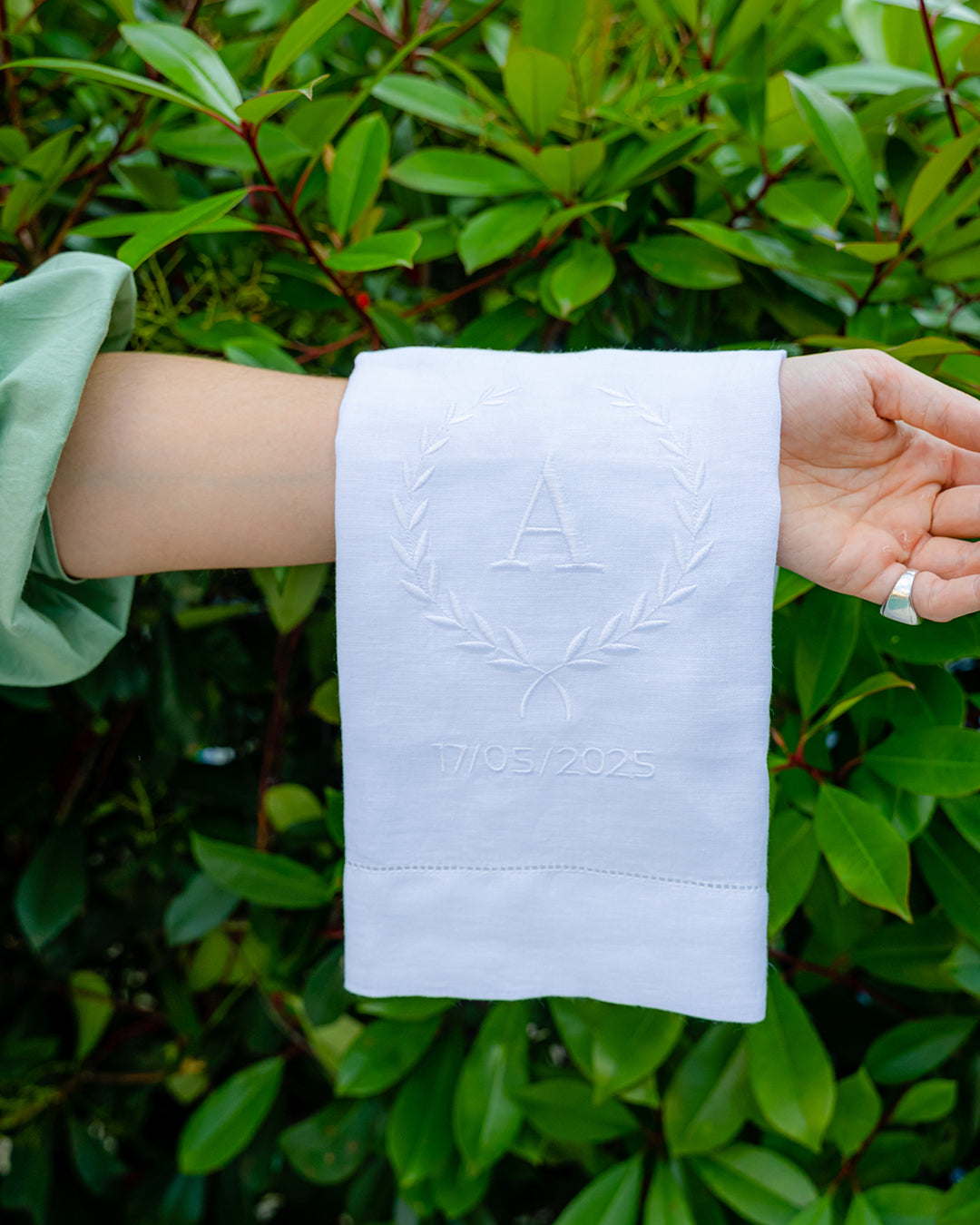 Christening Set with Embroidered Linen Towel and Pink Ribbon