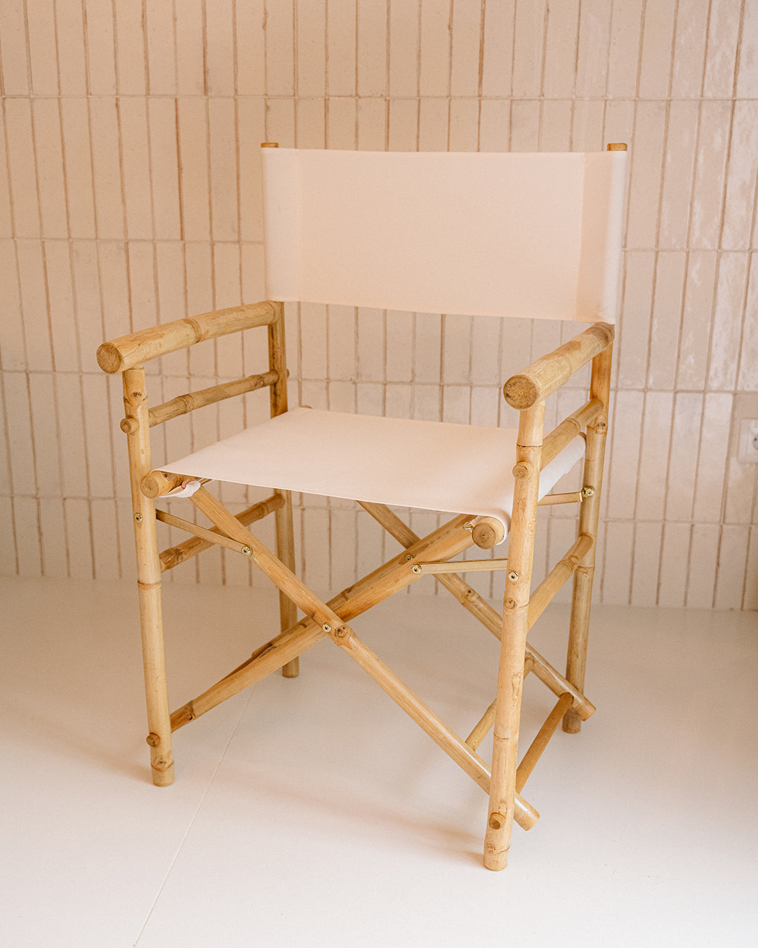 Douro White Fabric Director’s Folding Chair with Bamboo Arms