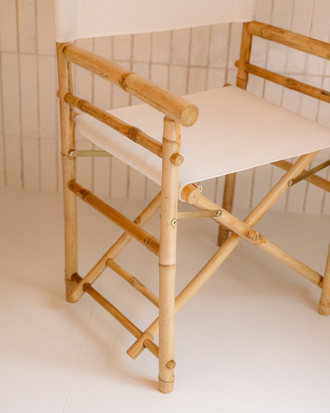 Douro White Fabric Director’s Folding Chair with Bamboo Arms