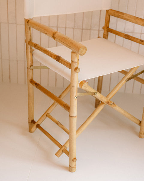 Douro White Fabric Director’s Folding Chair with Bamboo Arms