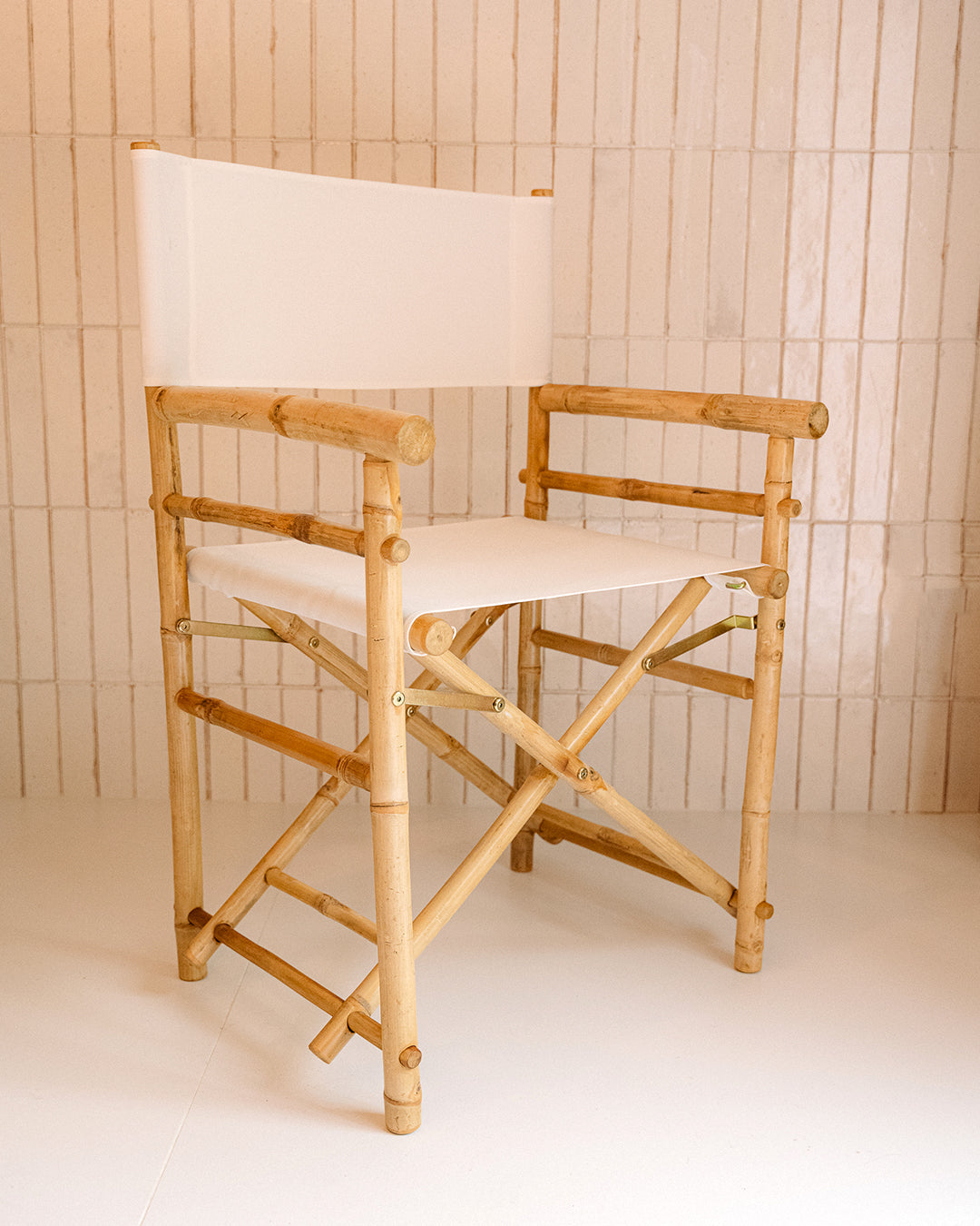 Douro White Fabric Director’s Folding Chair with Bamboo Arms