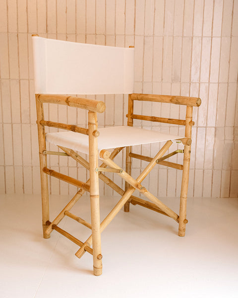 Douro White Fabric Director’s Folding Chair with Bamboo Arms