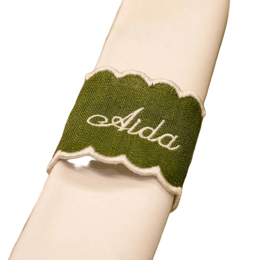 Argola de Guardanapo Verde com Branco em Linho Personalizada