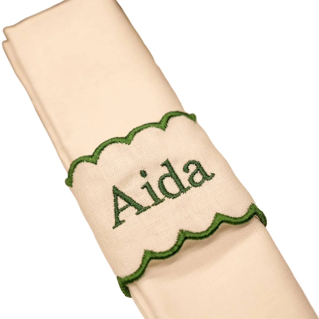 Argola de Guardanapo Branca com Verde em Linho Personalizada