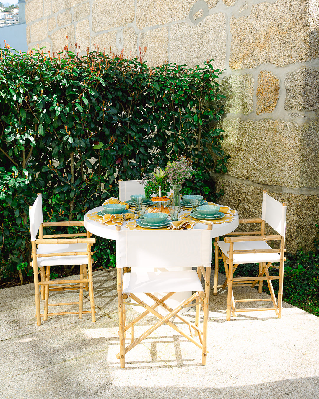 Douro White Fabric Director’s Folding Chair with Bamboo Arms