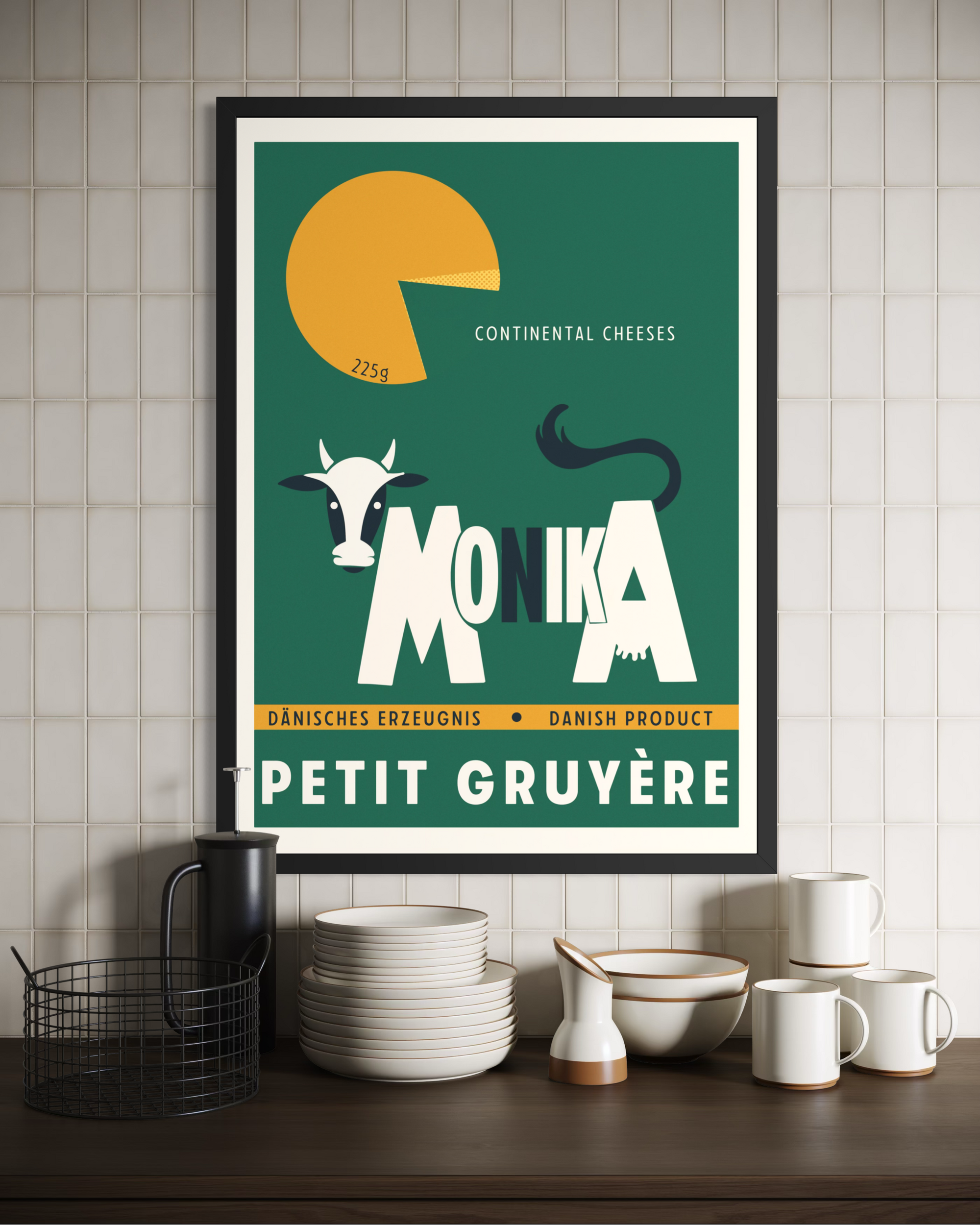 Mid Century cheese label. Danish cheese travel print. 