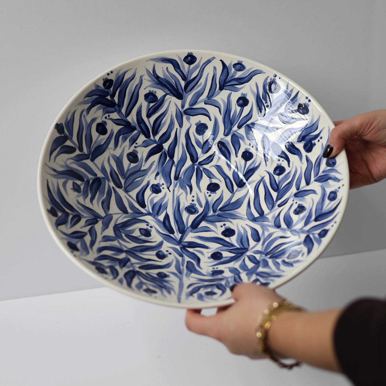 Hand Painted Pomegranate Large Serving Bowl - Deep Blue