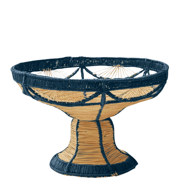 Deco Pedestal Fruit Bowl - Handwoven Iraca Palm - Deep Blue