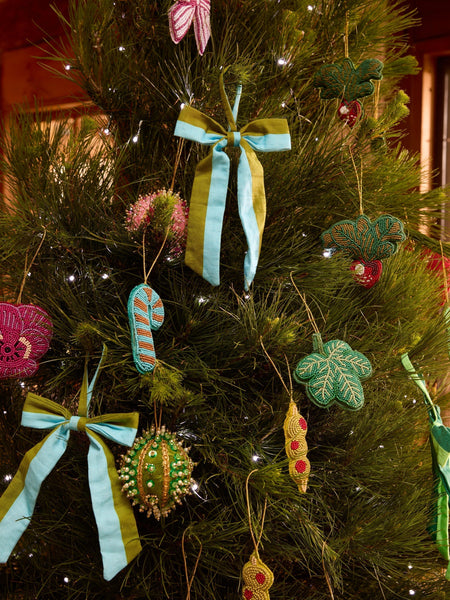 Stripe Blue Green Bow Christmas Decoration Set
