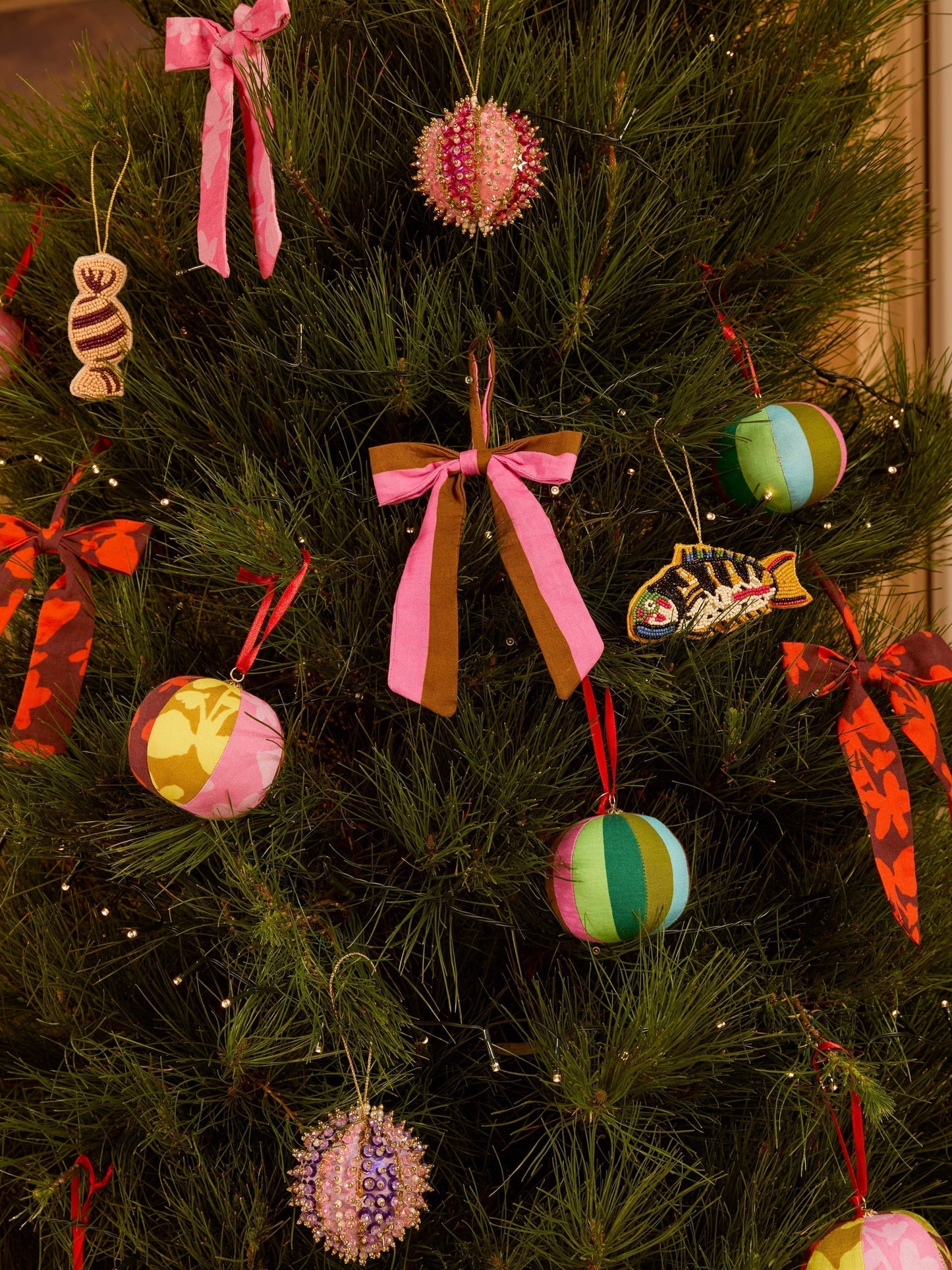 Stripe Pink Tan Bow Christmas Decoration Set