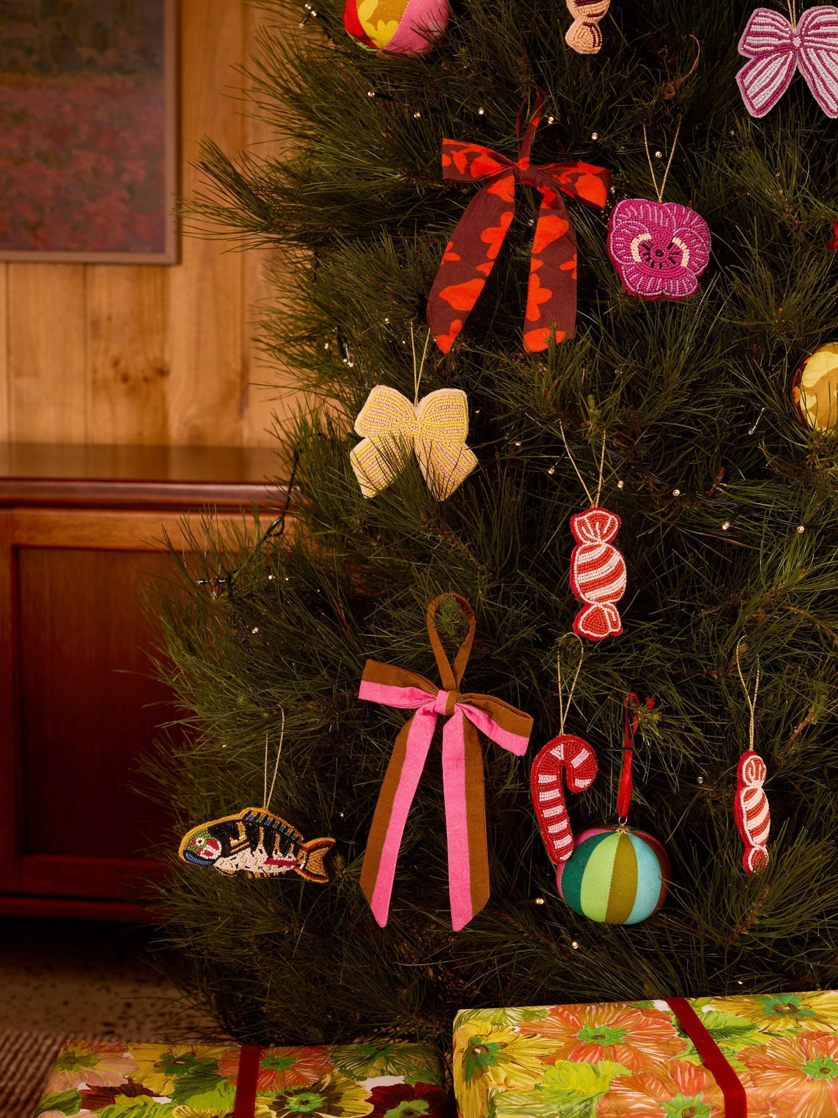 Stripe Pink Tan Bow Christmas Decoration Set