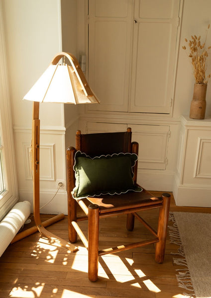 Scalloped Rectangular Linen Cushion in Forest Green & White