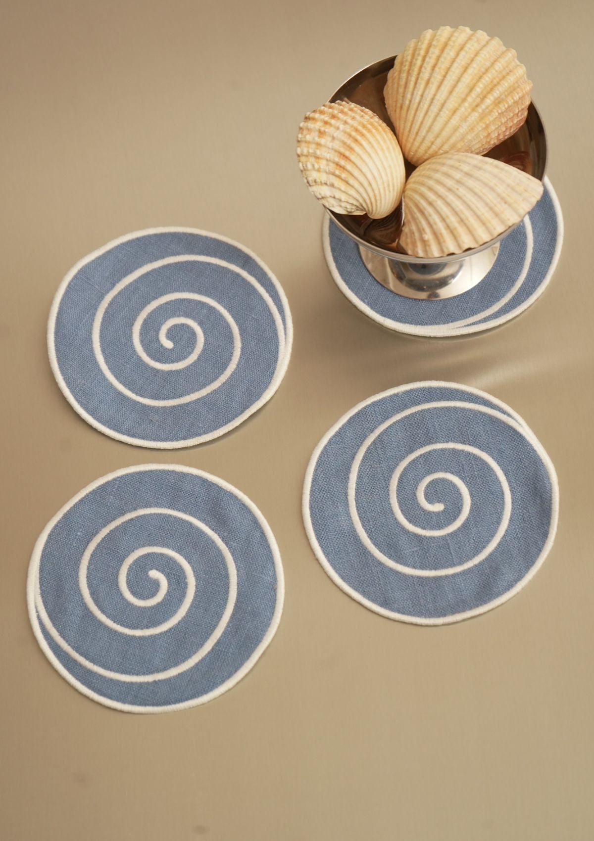Volute Linen Coasters in Powder Blue & White (Set of 4)