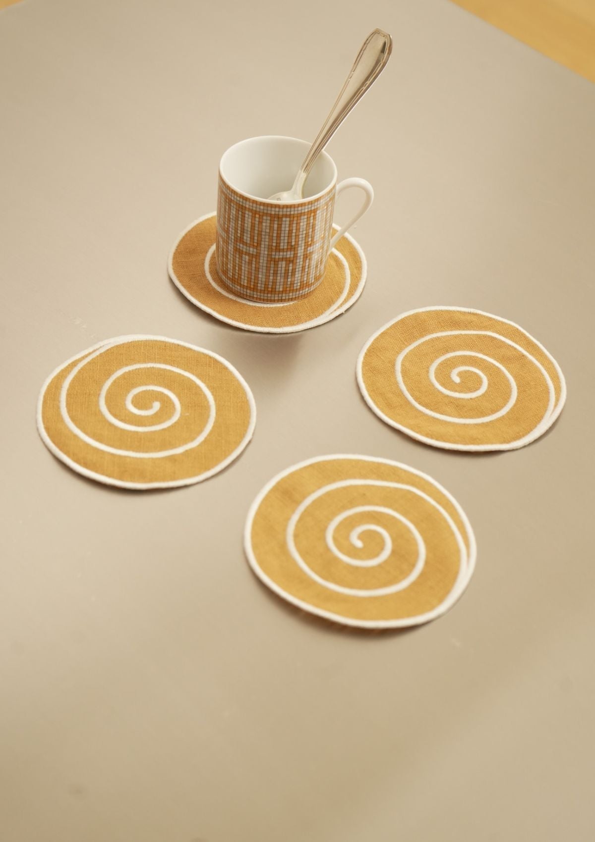 Volute Linen Coasters in Yellow Ocher & White (Set of 4)
