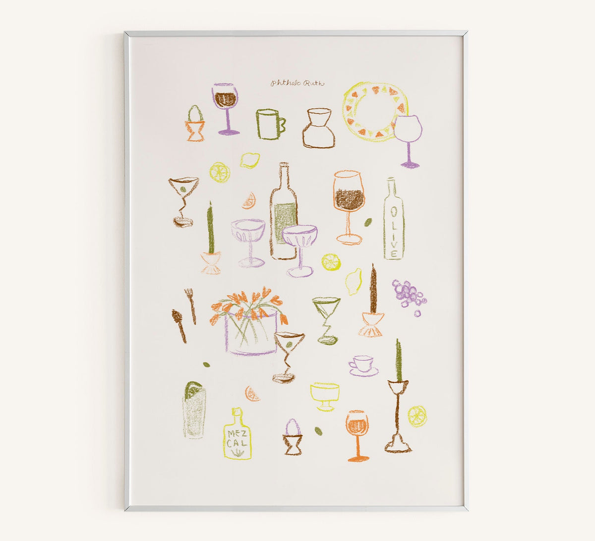 Art Print "Dinnerware" features a collection of colorful plates, bowls, and mugs in various shapes and sizes playfully arranged against a white background.
