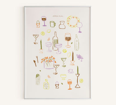 Art Print "Dinnerware" features a collection of colorful plates, bowls, and mugs in various shapes and sizes playfully arranged against a white background.
