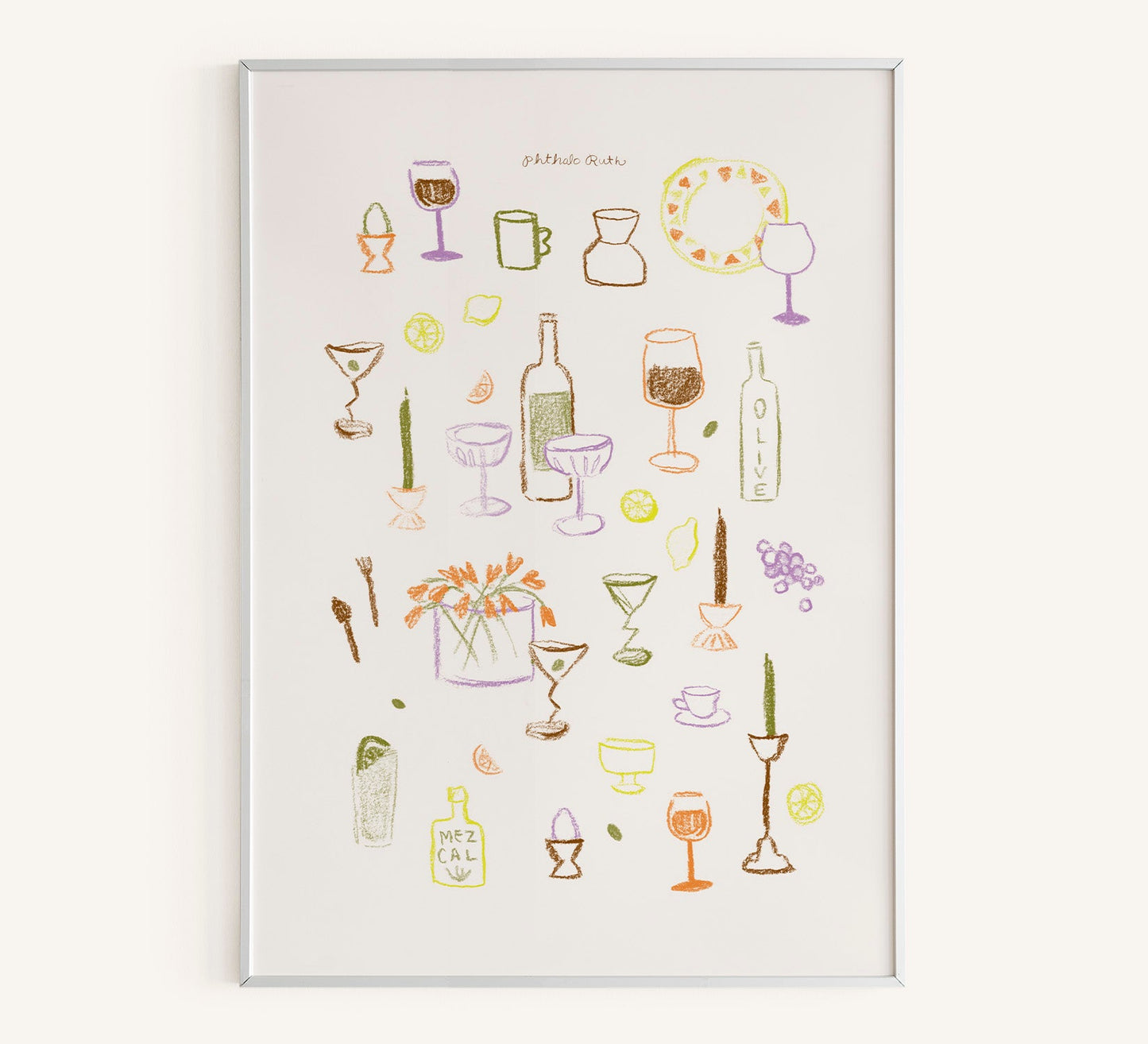Art Print "Dinnerware" features a collection of colorful plates, bowls, and mugs in various shapes and sizes playfully arranged against a white background.