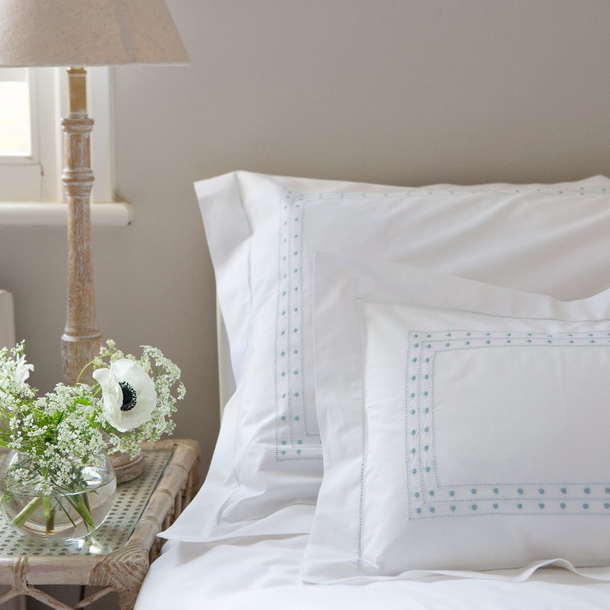 Duck Egg Matilda Cotton Embroidered Duvet Cover with Oxford Border
