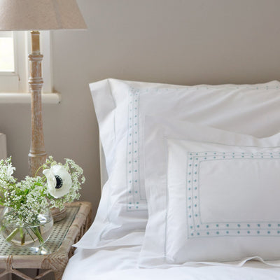 Cotton Duck Egg Matilda Super King Pillowcase with hand embroidered design
