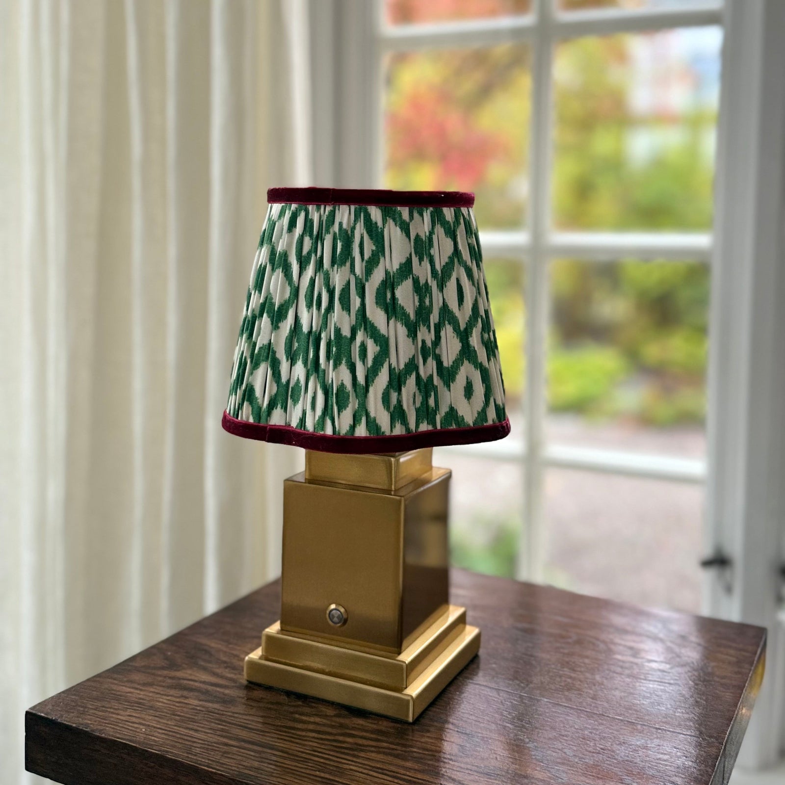 Athena Rechargeable Table Lamp (Green Ikat Velvet Trim)