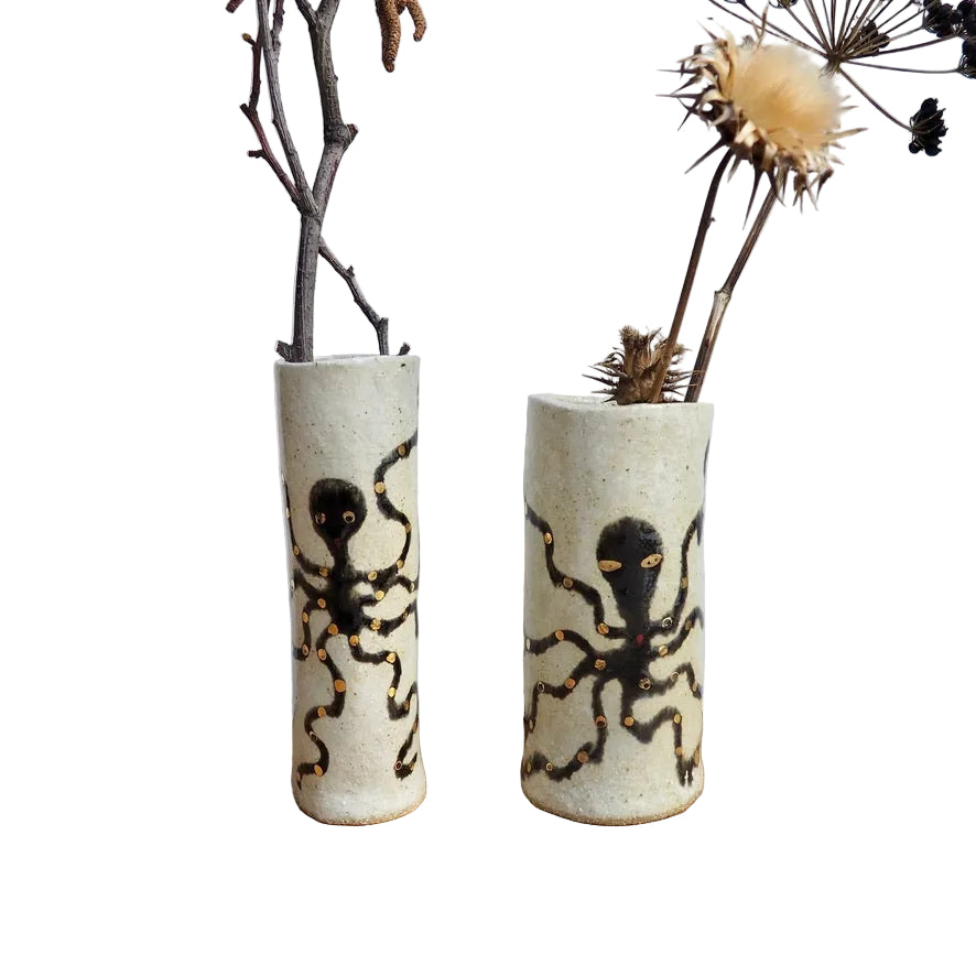 Handmade Pottery Octopus Cylinder Vases With Gold Lustre.