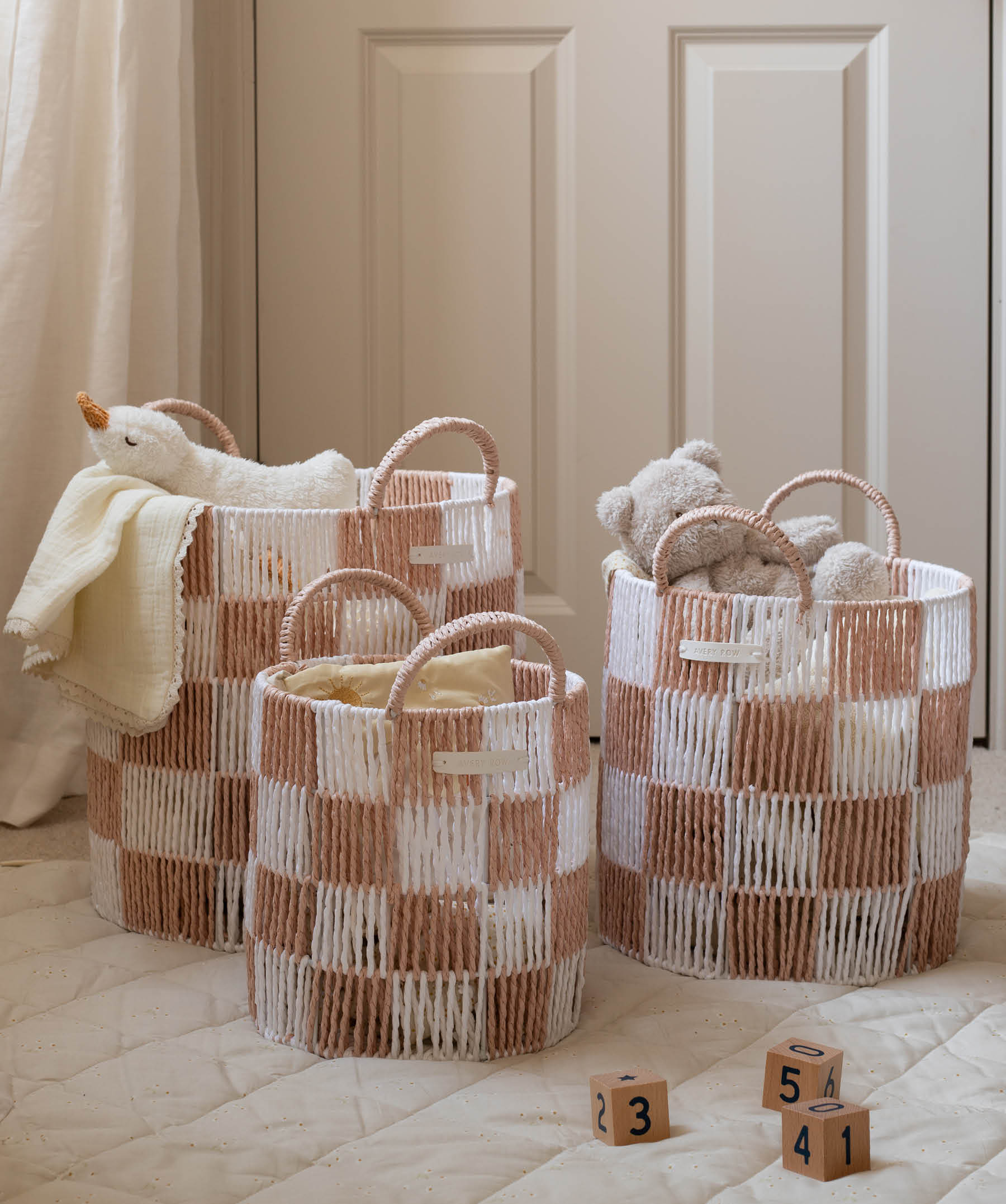 Checkerboard Storage Basket Small - Nude