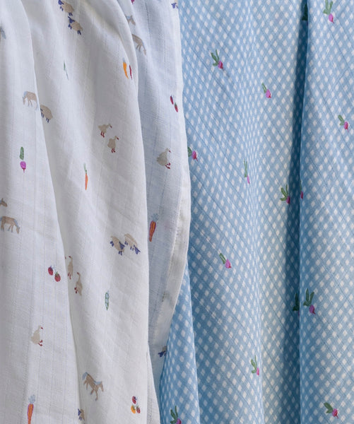 Organic Cotton Baby Muslin Swaddles, Set of 2 - Little Farm / Radish