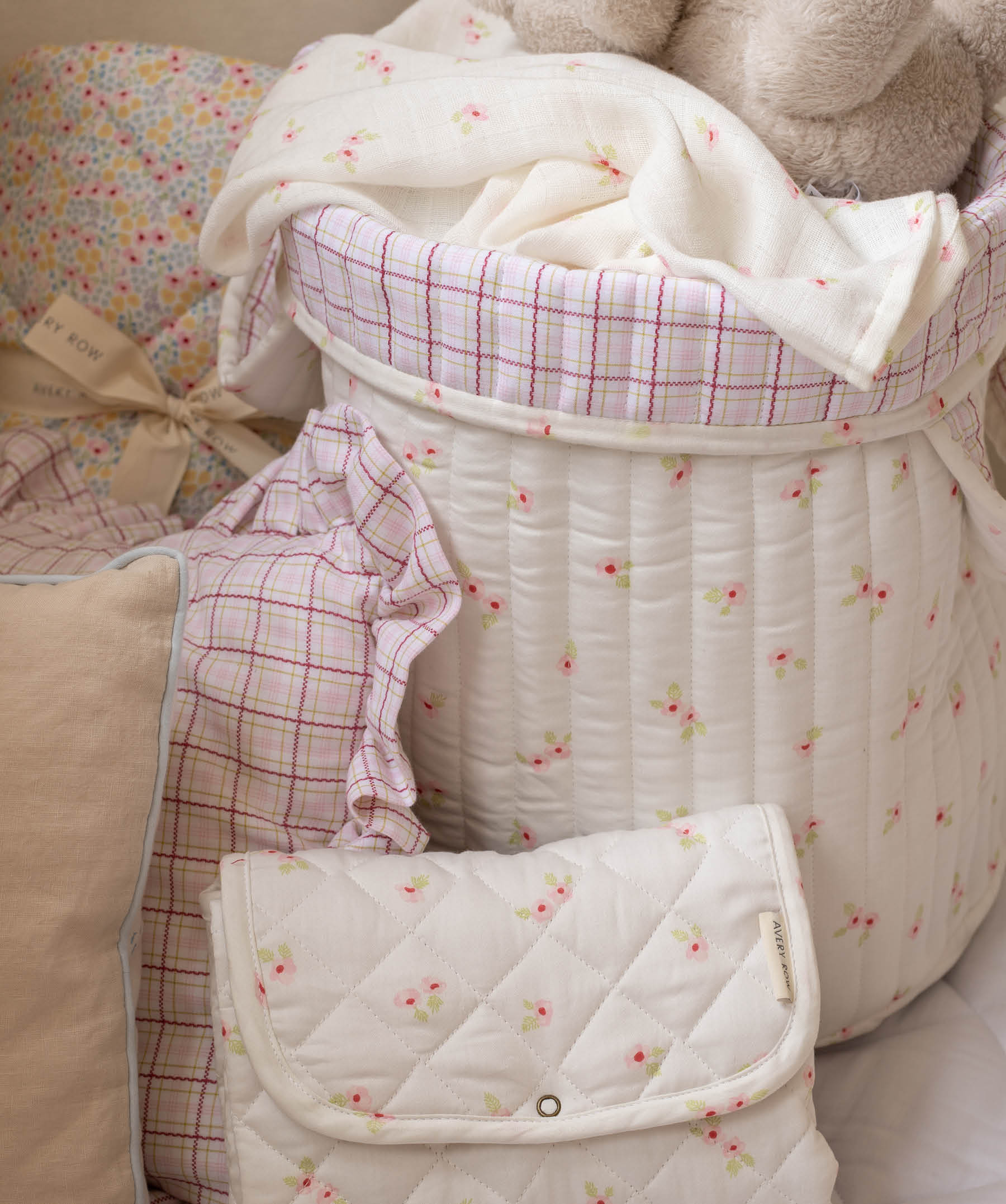 Large Quilted Storage Basket - Anemone / Pink Check
