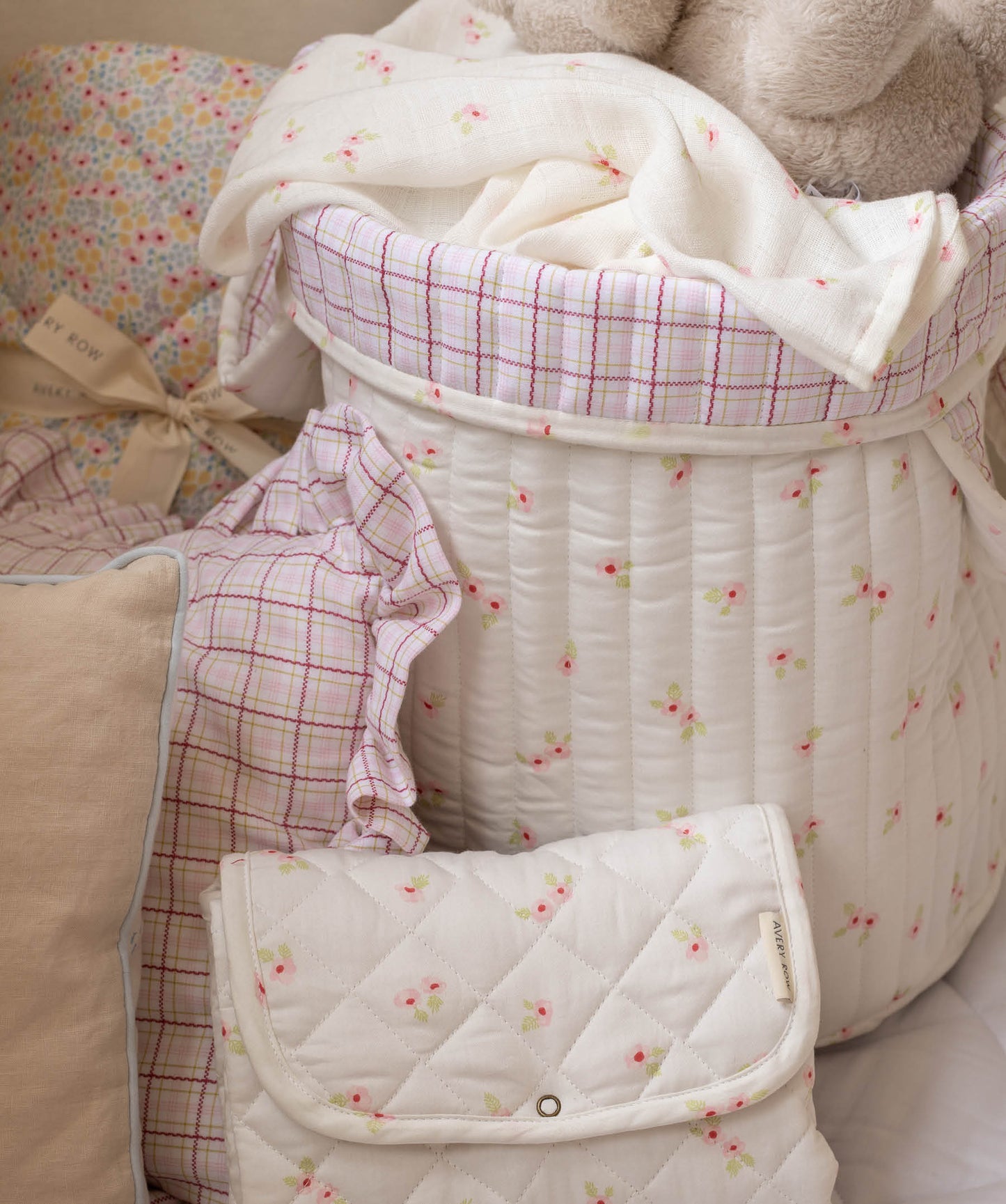 Large Quilted Storage Basket - Anemone / Pink Check