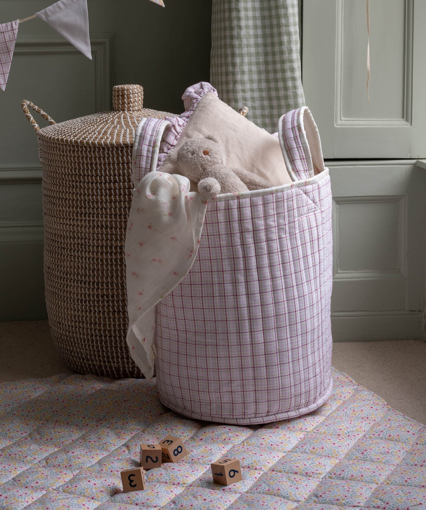 Large Quilted Storage Basket - Anemone / Pink Check