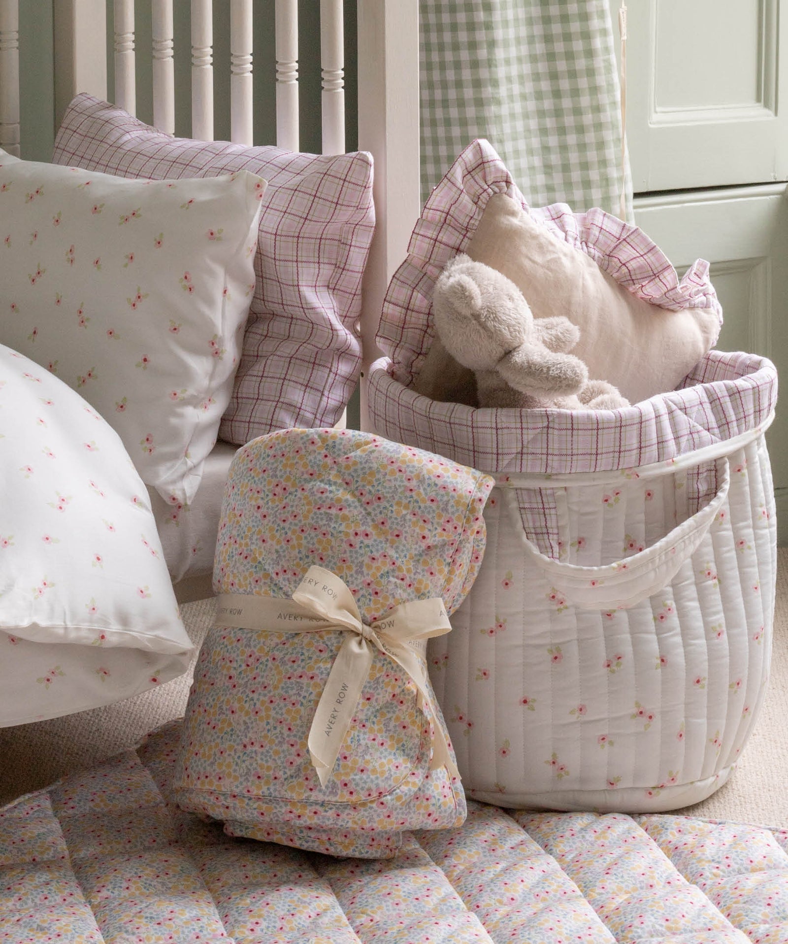 Large Quilted Storage Basket - Anemone / Pink Check