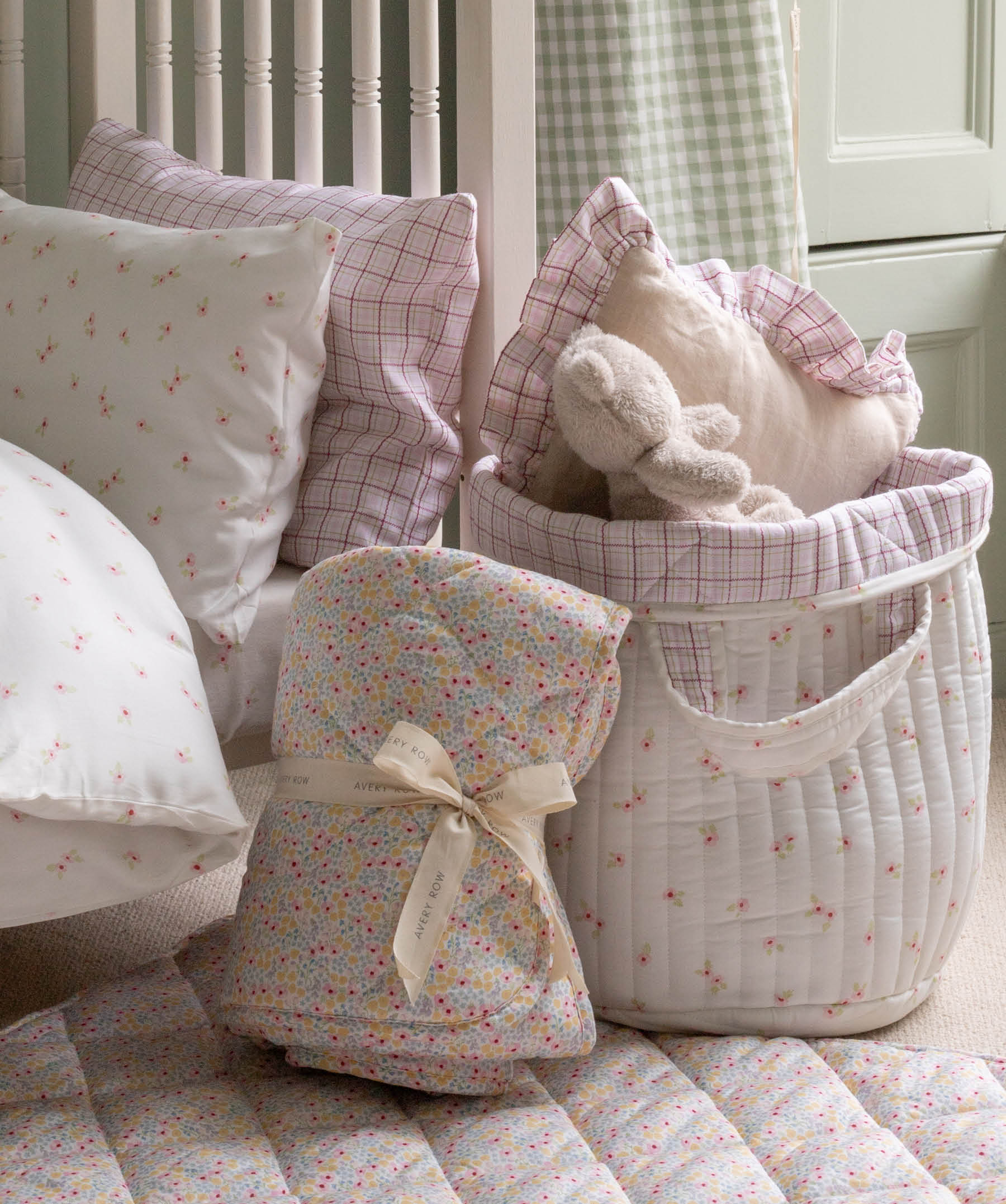 Large Quilted Storage Basket - Anemone / Pink Check