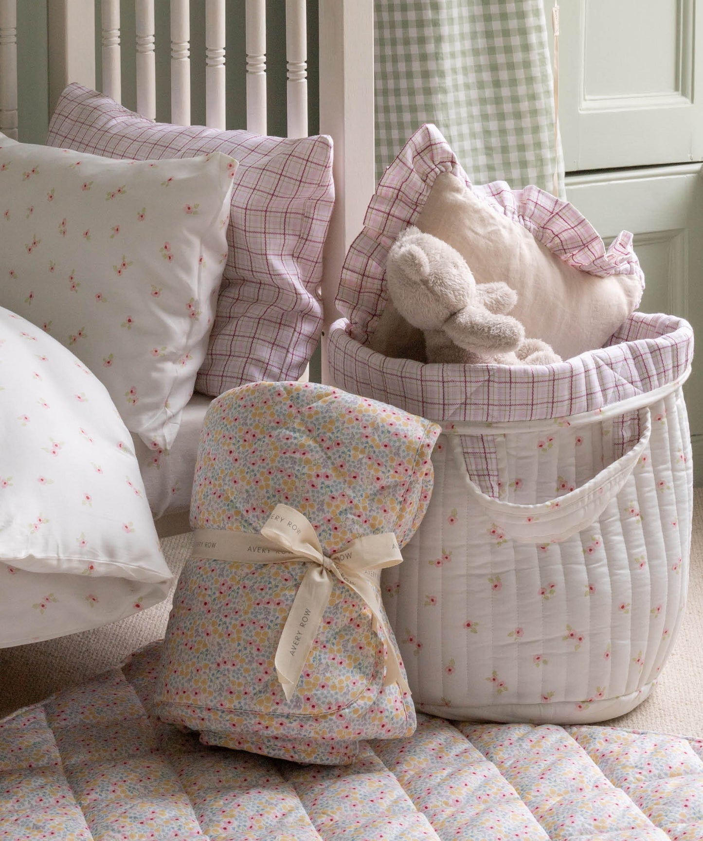 Large Quilted Storage Basket - Anemone / Pink Check