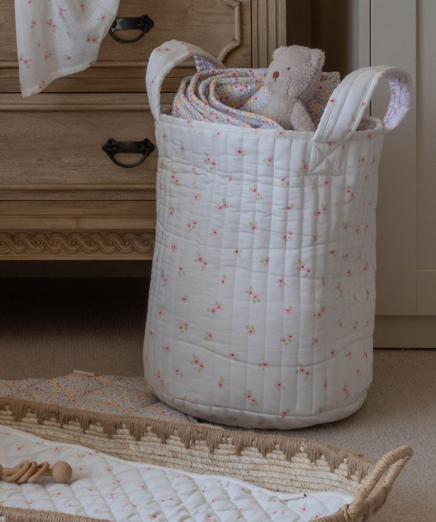 Large Quilted Storage Basket - Anemone / Pink Check