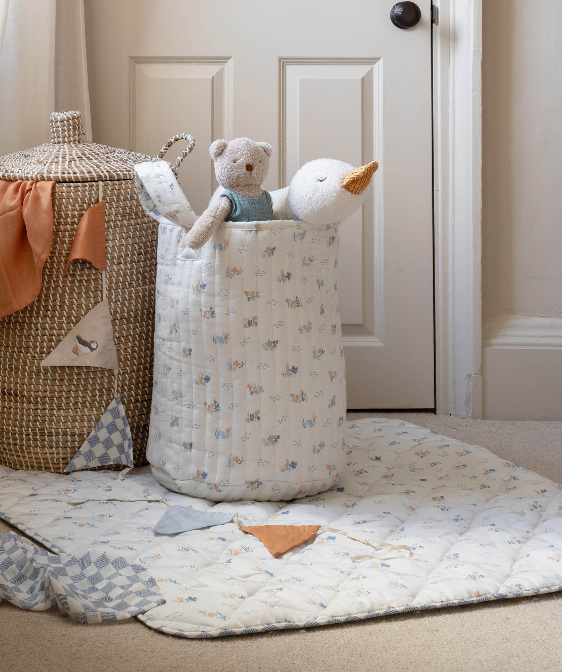 Large Quilted Storage Basket - Coastline / Waves