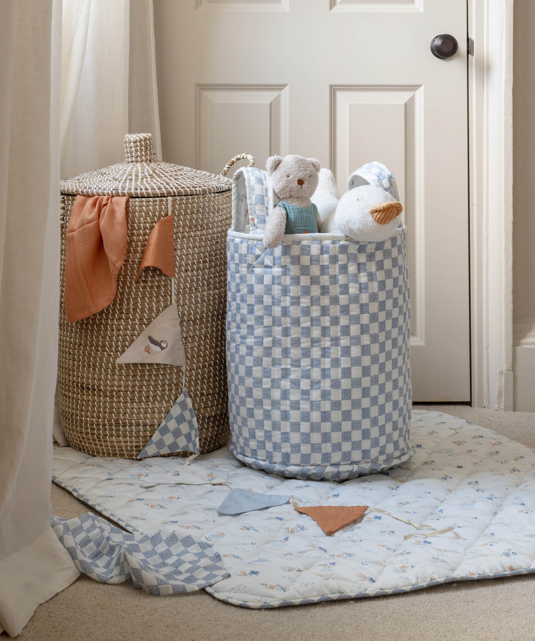 Large Quilted Storage Basket - Coastline / Waves
