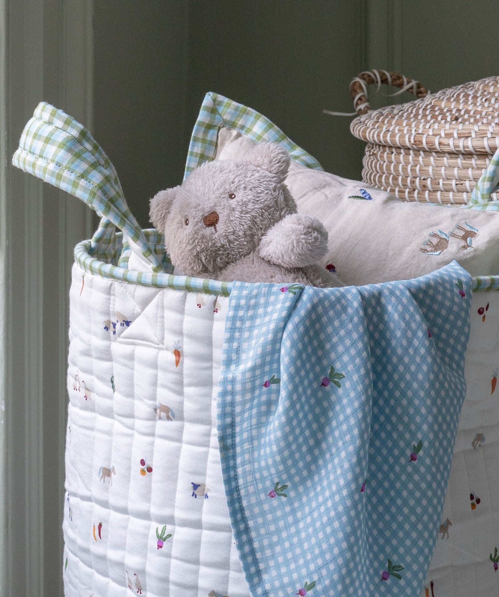Large Quilted Storage Basket - Greenhouse Gingham / Little Farm