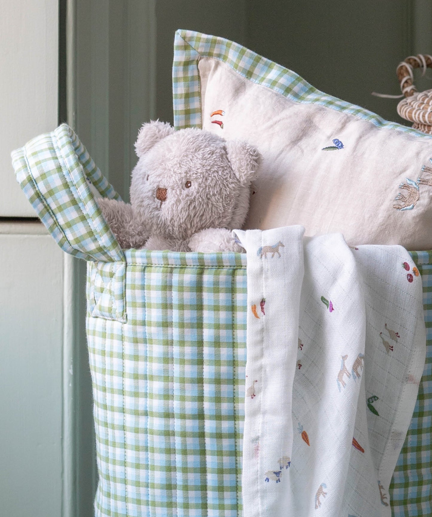 Large Quilted Storage Basket - Greenhouse Gingham / Little Farm