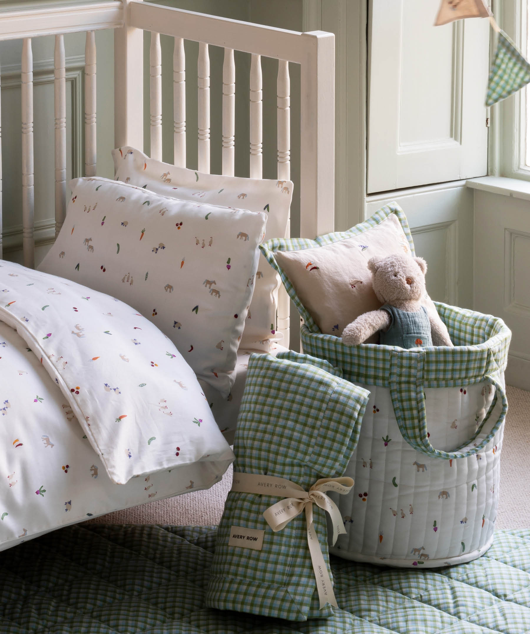 Large Quilted Storage Basket - Greenhouse Gingham / Little Farm
