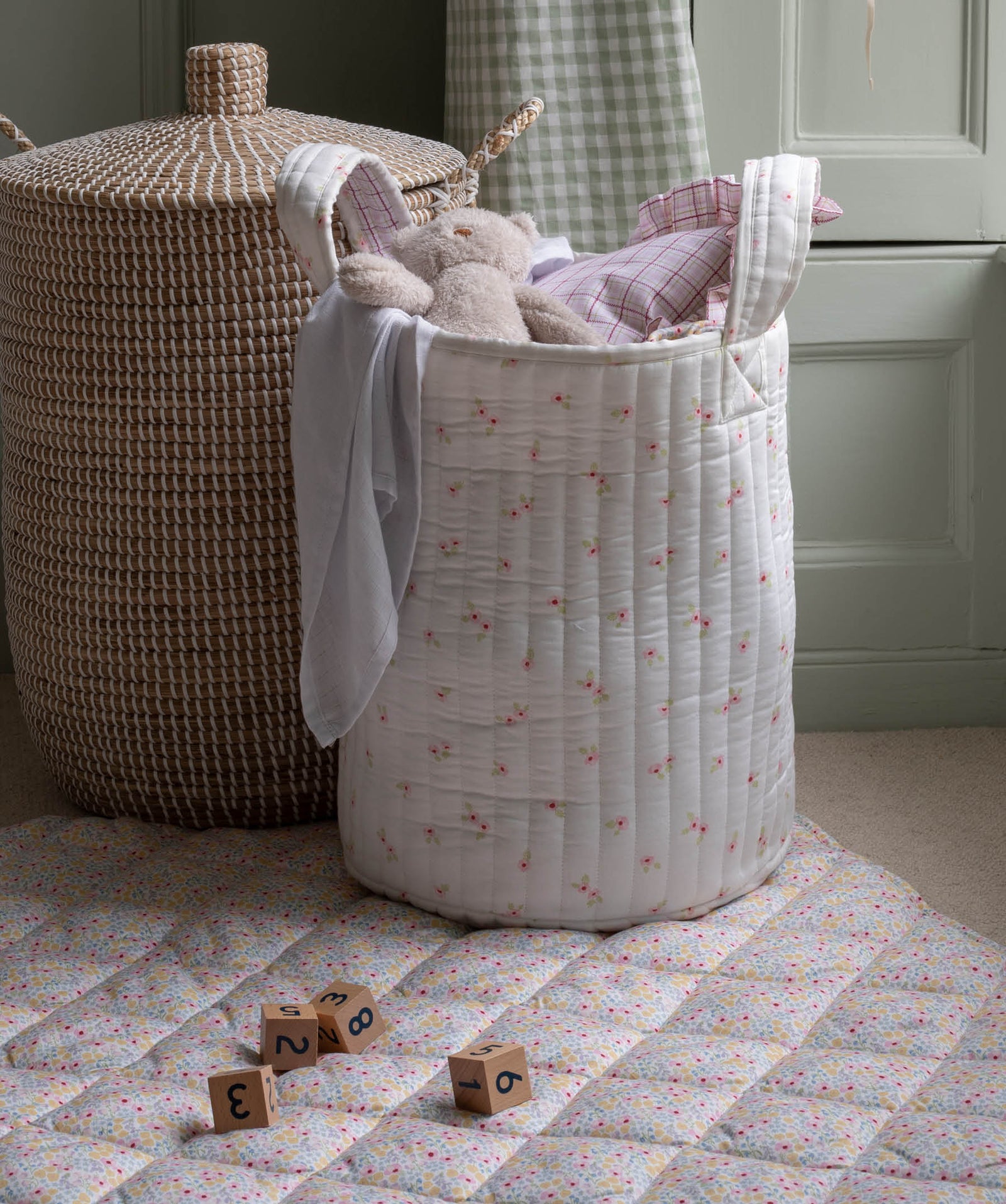 Large Quilted Storage Basket - Anemone / Pink Check