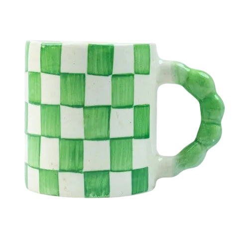 Green Checkered Ceramic Mug 3x3.5 Inches Set of 2 - Casa Amarosa