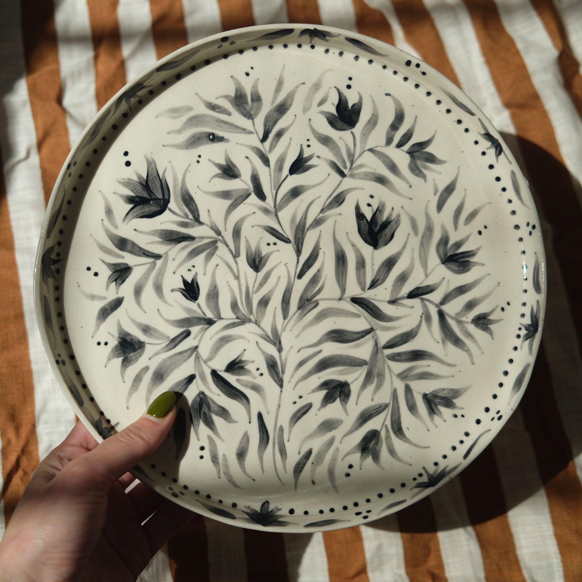 Hand Painted Black Tulips Stoneware Plate