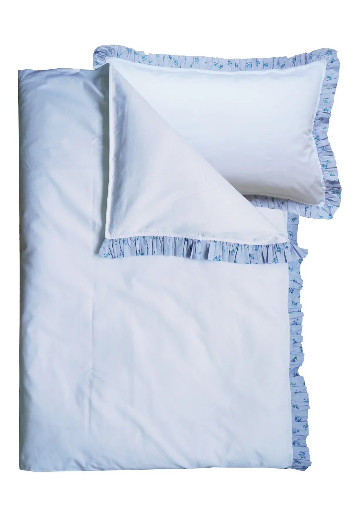 Frill-Edge White Duvet Set Made With Liberty Fabrics & Bridgerton Posy Corsage Blue